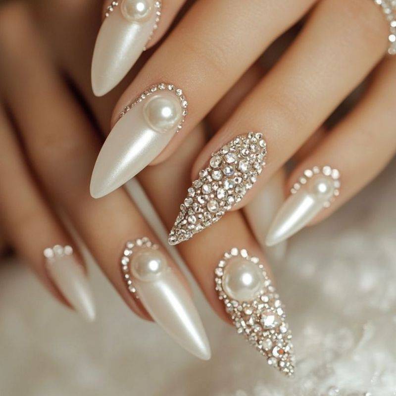 Pearl embellished goddess nails with mixed sizes