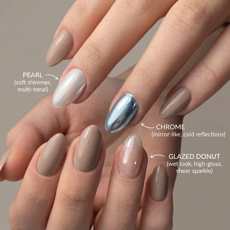 Infographic comparing pearl nails, chrome nails, and glazed donut nails by finish, texture, and reflectivity