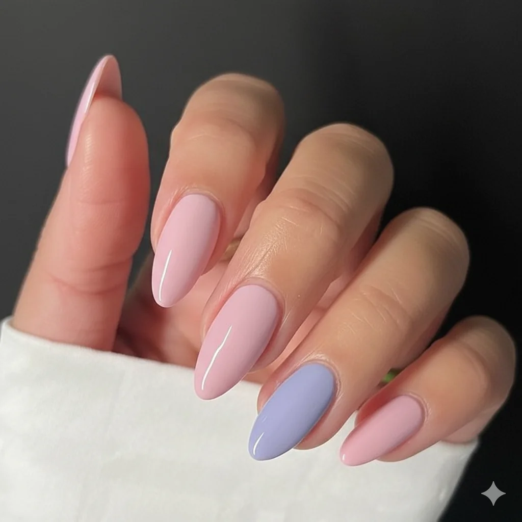 Blush pink and lavender nail polish swatches side by side showing soft pastel colour pairing for spring mothers day manicure