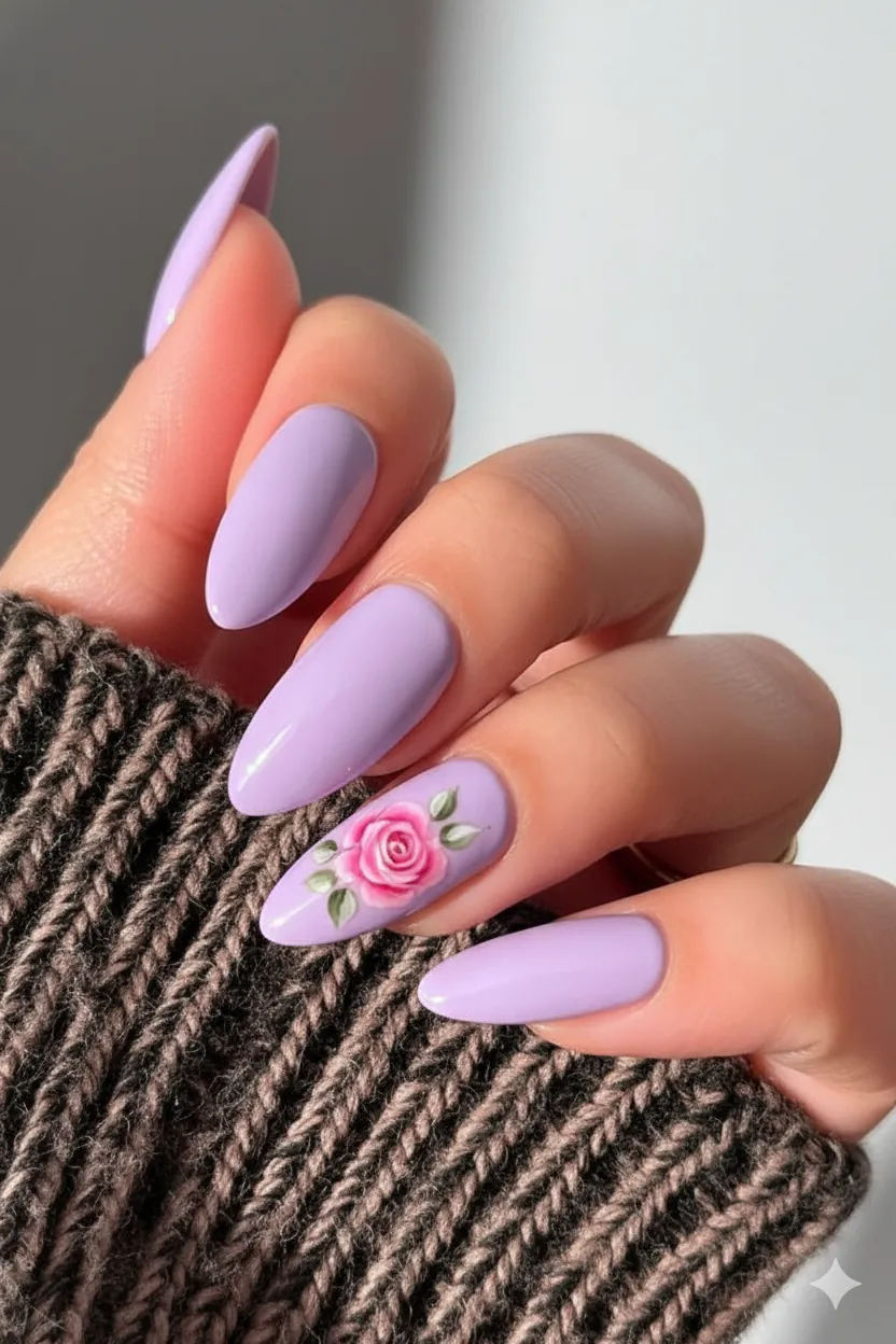 Floral accent nail showing hand-painted pink rose on single lavender base nail with clean blush pink set for mothers day design