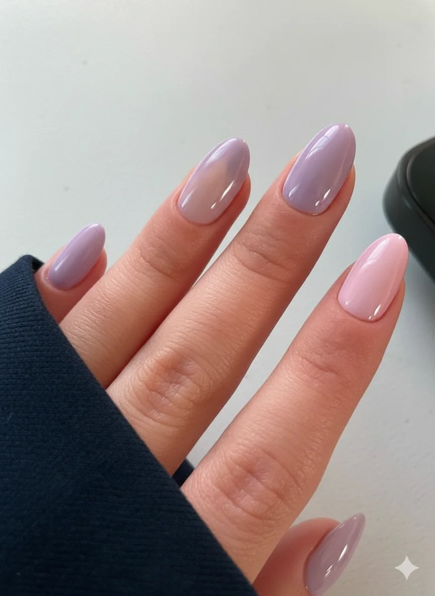 Lavender and pink nails on hand showing colour symbolism of devotion and calm for mothers day spring occasion nail art