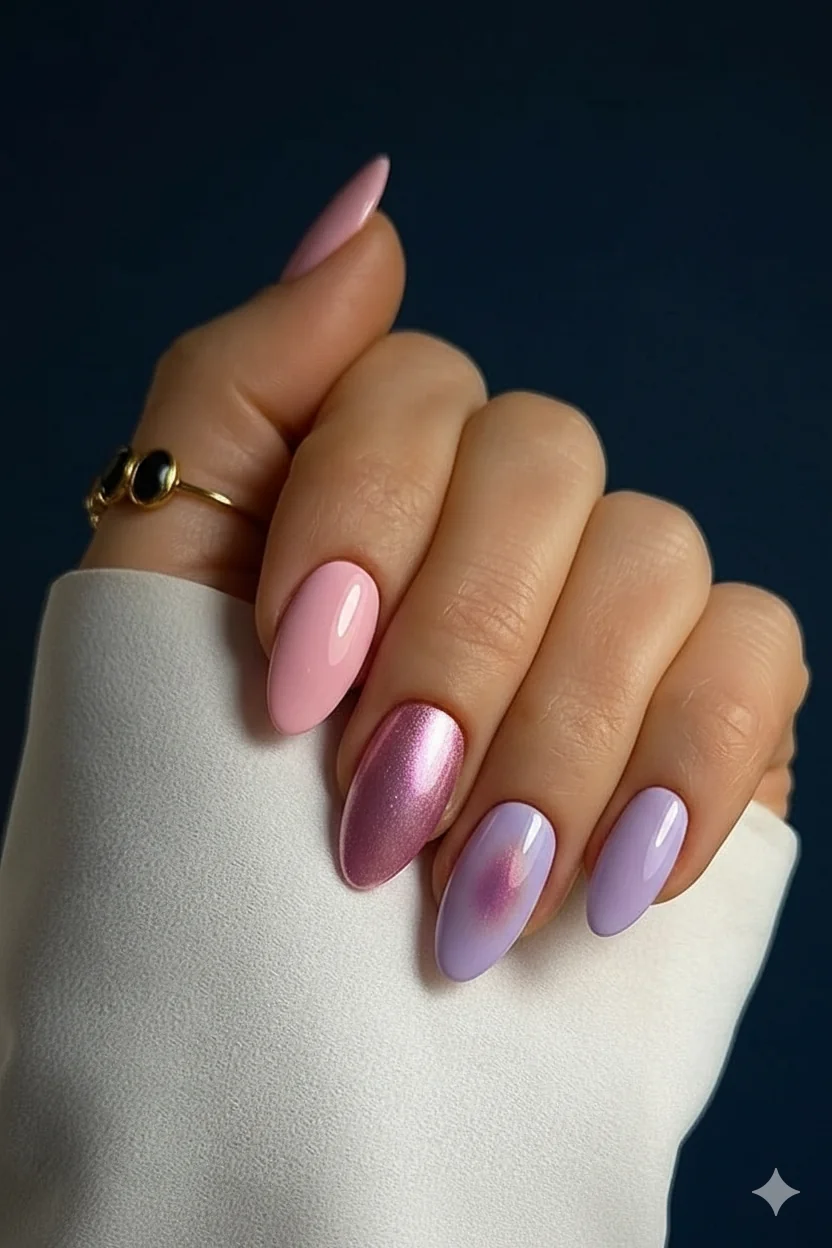 Nail finish comparison showing glossy matte chrome and lavender aura effect on pink and lavender pastel mothers day manicure set