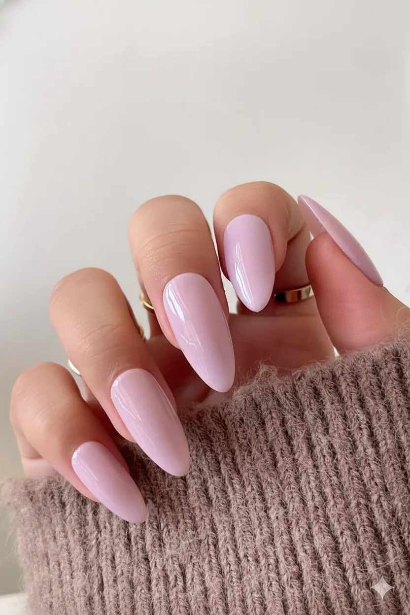 Nail shape guide comparing oval almond squoval and round shapes on pink and lavender pastel manicure for mothers day celebration