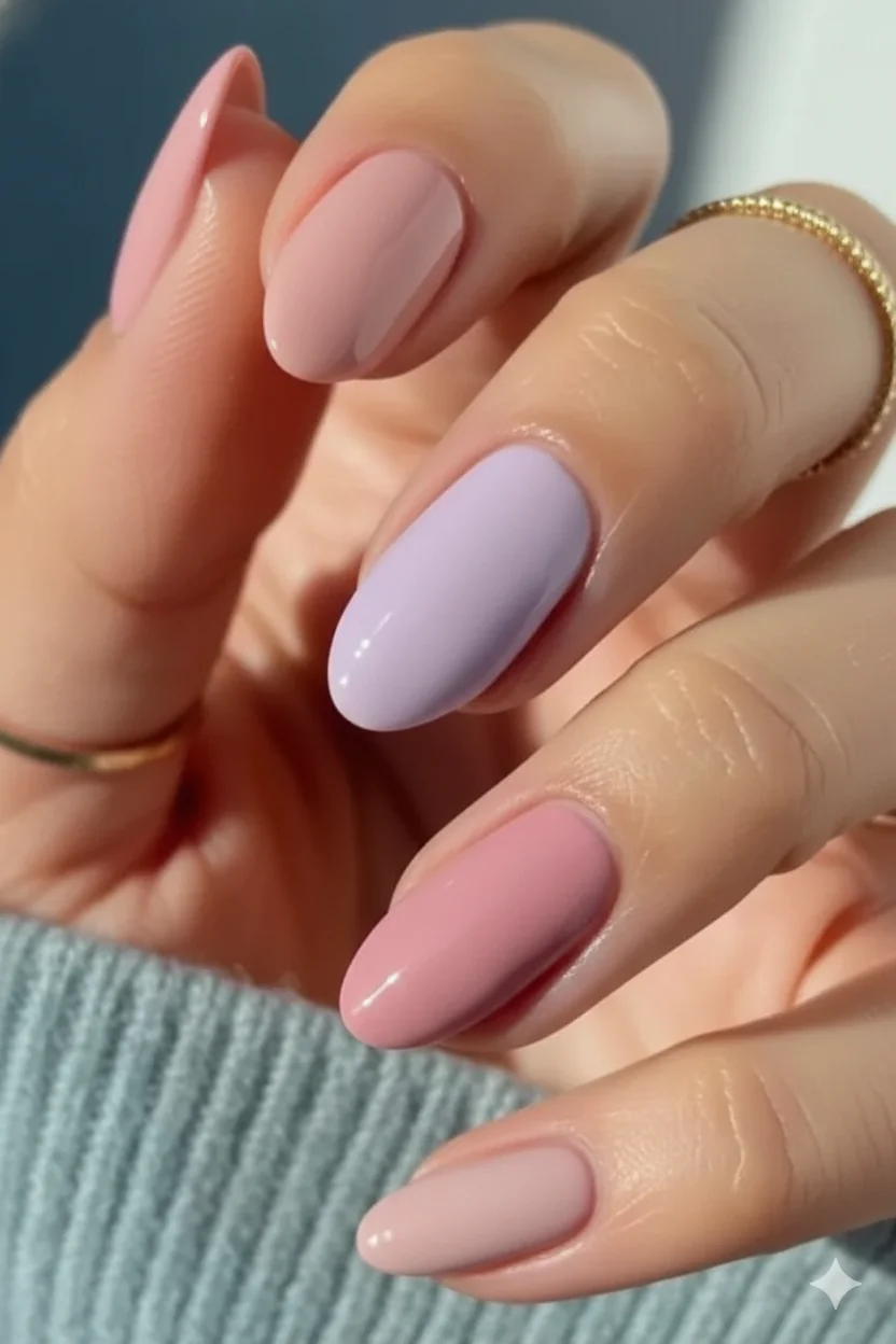 Skin tone shade guide showing blush pink and lavender nail swatches matched to fair medium and deep complexions for mothers day