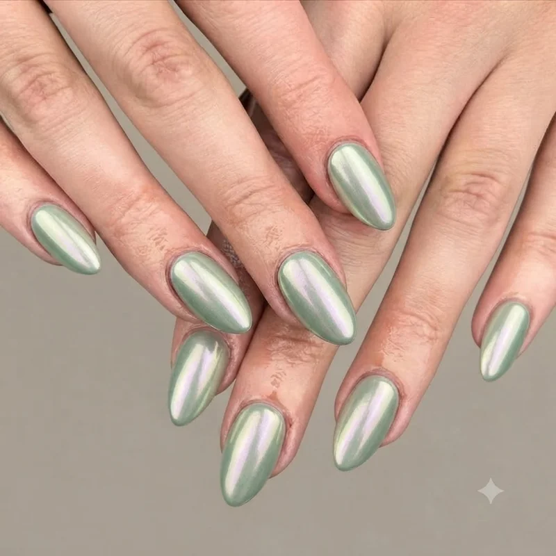 Chrome pistachio nail polish close up showing high shine metallic finish and colour shift