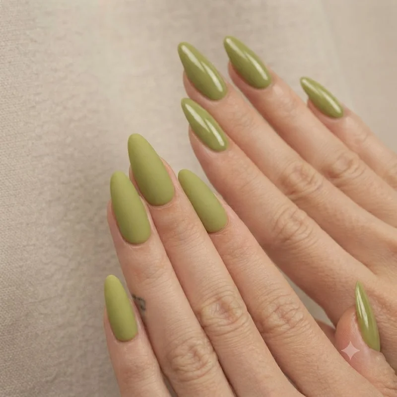 Matte versus glossy pistachio manicure finish shown side by side for direct comparison