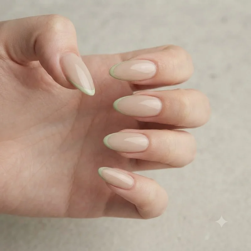 Pistachio green French tip nails with a delicate micro line design over a nude base
