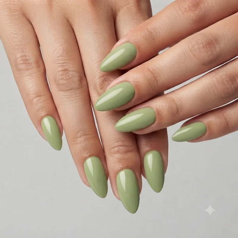Pistachio green manicure shown on almond shaped nails in an editorial styled photograph