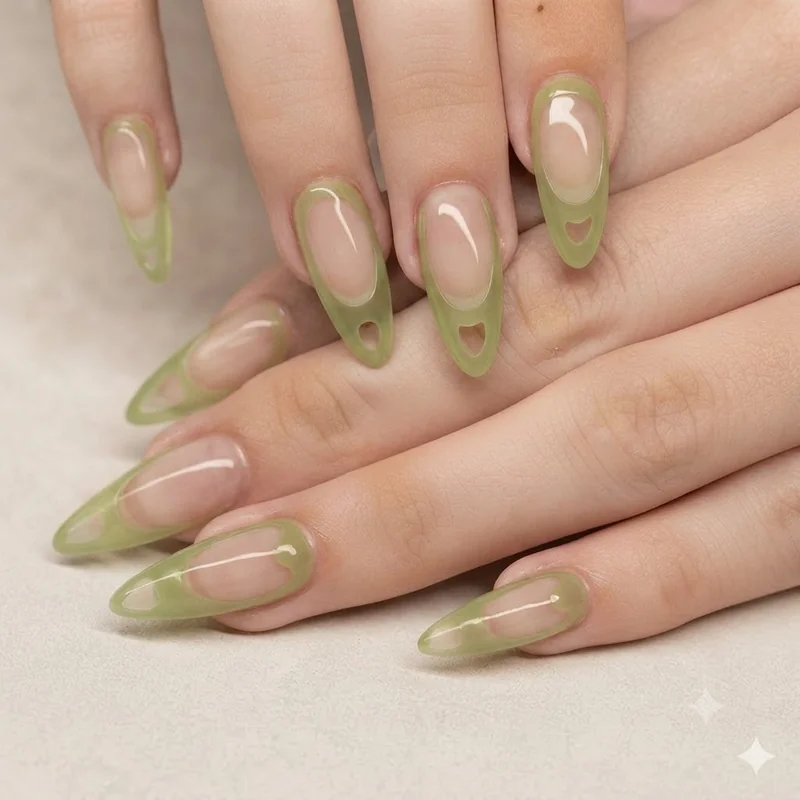 Pistachio jelly nail polish with negative space nail art design over bare natural nail