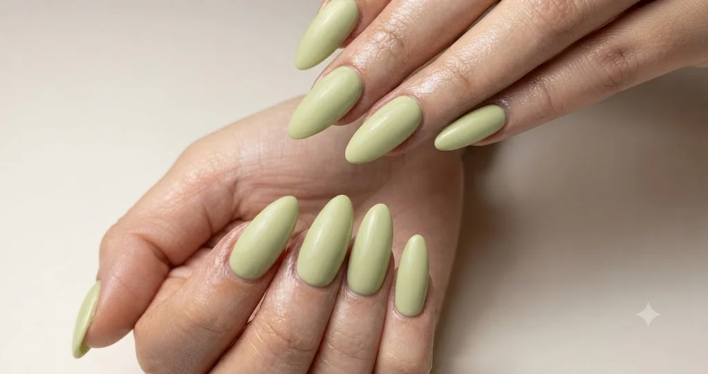 Pistachio manicure in a creamy green shade shown across different skin tones and hand poses