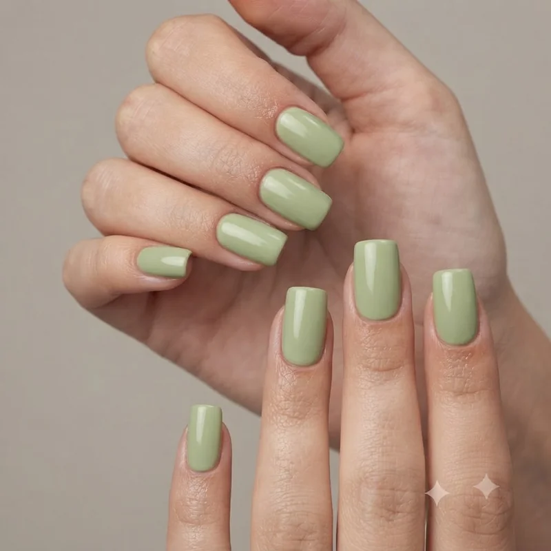 Pistachio manicure shown on short squoval and square nail shapes for a practical everyday look