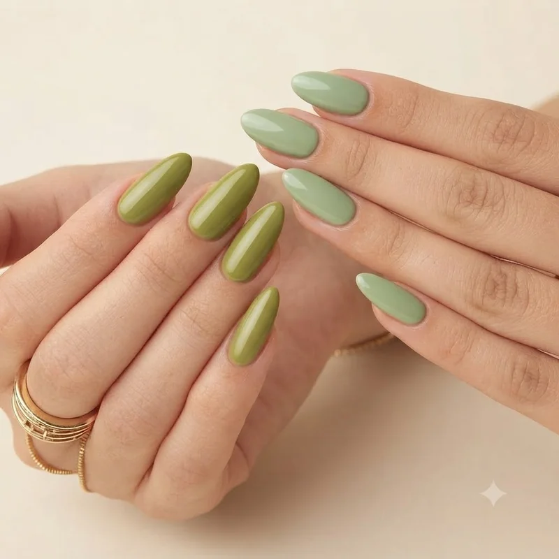 Pistachio manicure swatches tested side by side against warm and cool skin undertones