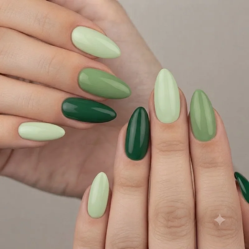 Three pistachio nail polish shade variations shown in a grid, milky, true, and deep green tone