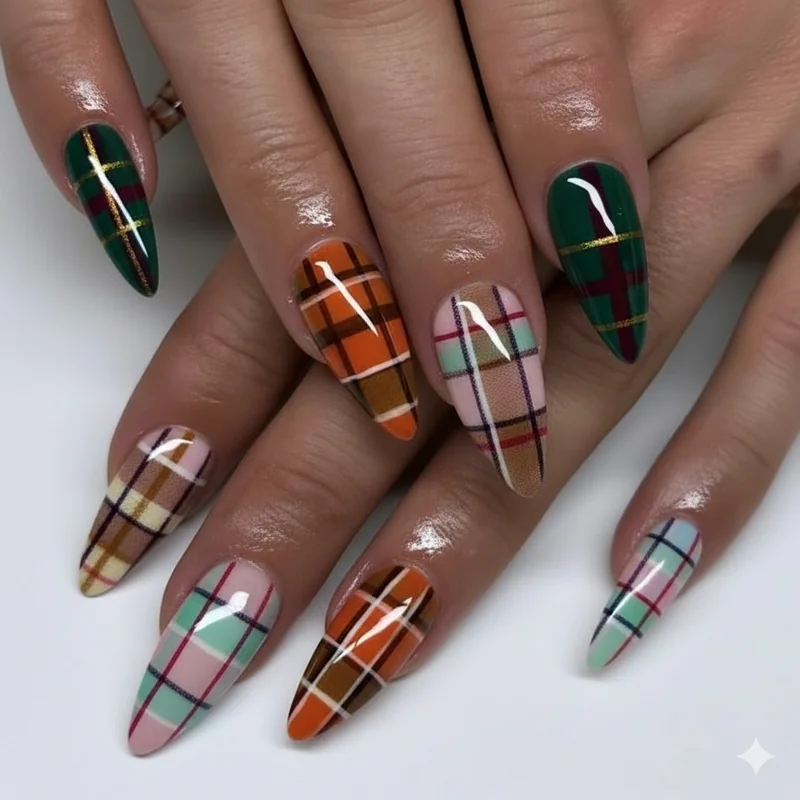 Argyle and plaid nails on short square nails showing two-colour palette design that reads clearly without length or extensions