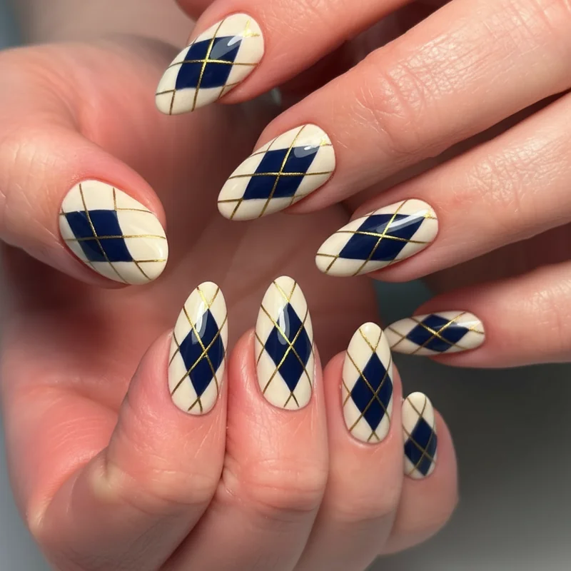 Plaid nail art striping brush technique showing horizontal and vertical stripe lines being drawn over cream base coat step by step