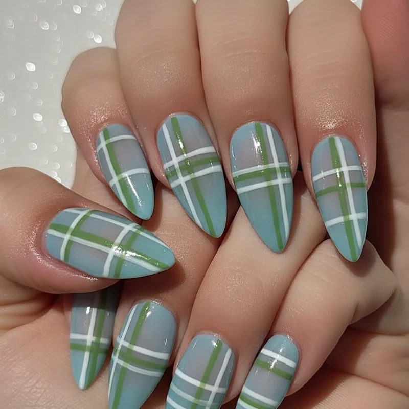 Plaid press-on nails showing argyle set in navy cream and burgundy finish as salon quality alternative for all-over pattern design