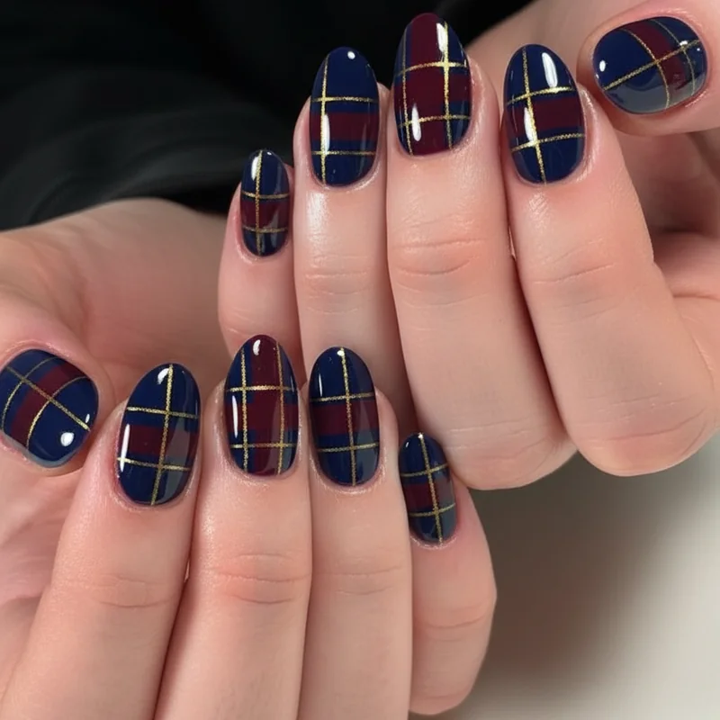 Preppy plaid nail art set in dark academia colour palette of navy forest green and cream showing collegiate trend 2026