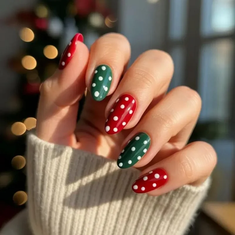 Polka dot Christmas nails red green gold white festive holiday manicure easy nail art design winter 2025 nail trends