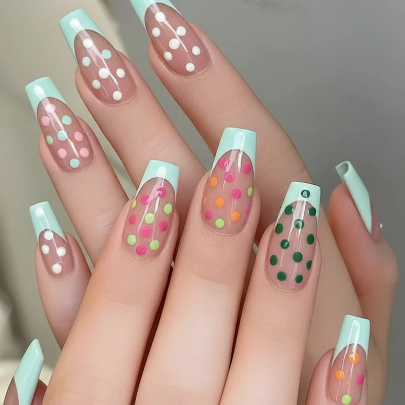 Polka dot nails summer colour combinations showing milky base white dots white base black graphic dots and sorbet base tonal dots side by side