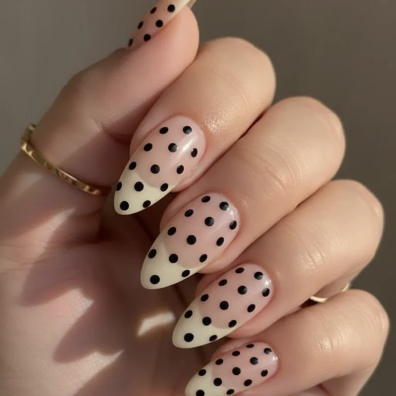 Polka dot nails summer tools flat lay showing bobby pin foil palette toothpick and two nail polish colours on white marble surface