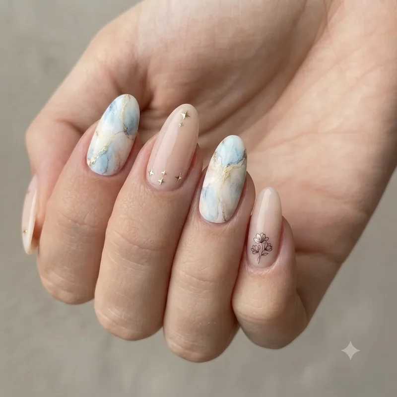 Side-by-side hands showing a full nail wrap manicure next to accent nail stickers layered over polish