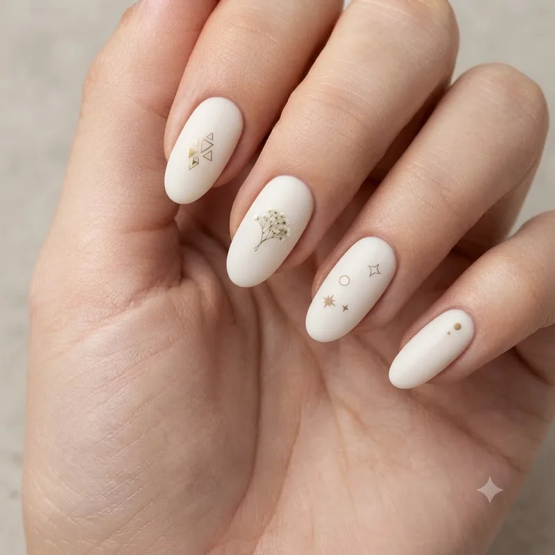 Decorative nail sticker accents including stars and foil shapes applied over a solid polish base manicure