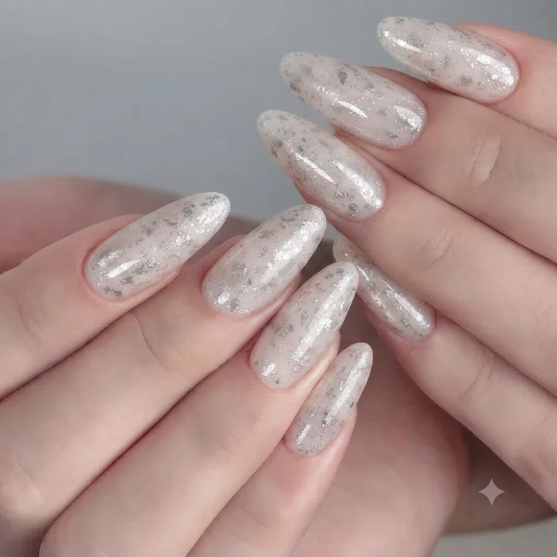 Close-up of a real-polish nail wrap being applied edge-to-edge across the nail plate during manicure