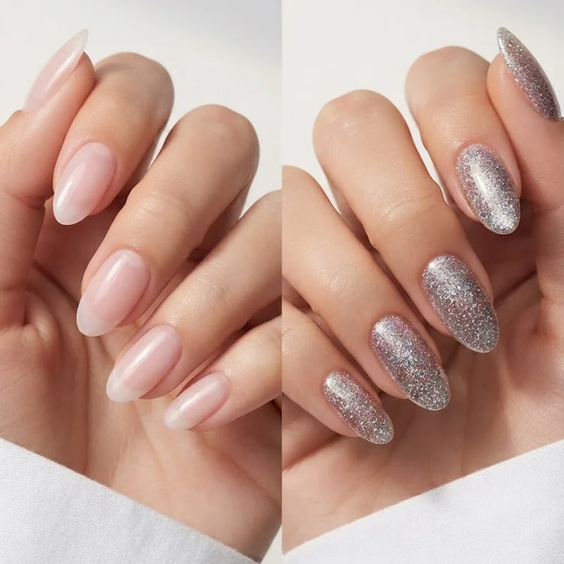 Infographic comparing princess nails sheer minimalist style to princess effect glitter nails