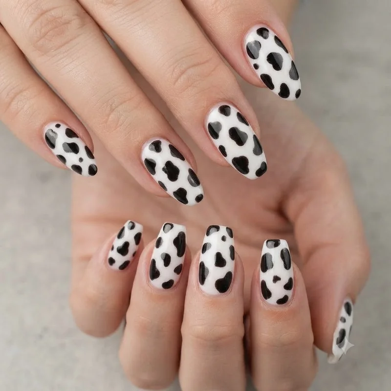 Cow print nails on almond and coffin shape showing silhouette and spot size comparison
