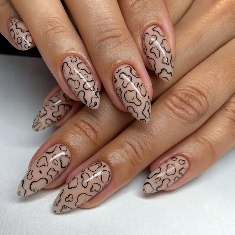 Close-up of black and white cow print nails on almond shape with negative space detail