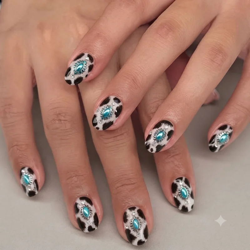 Western style cow print nails with turquoise rhinestone and chrome accent detail