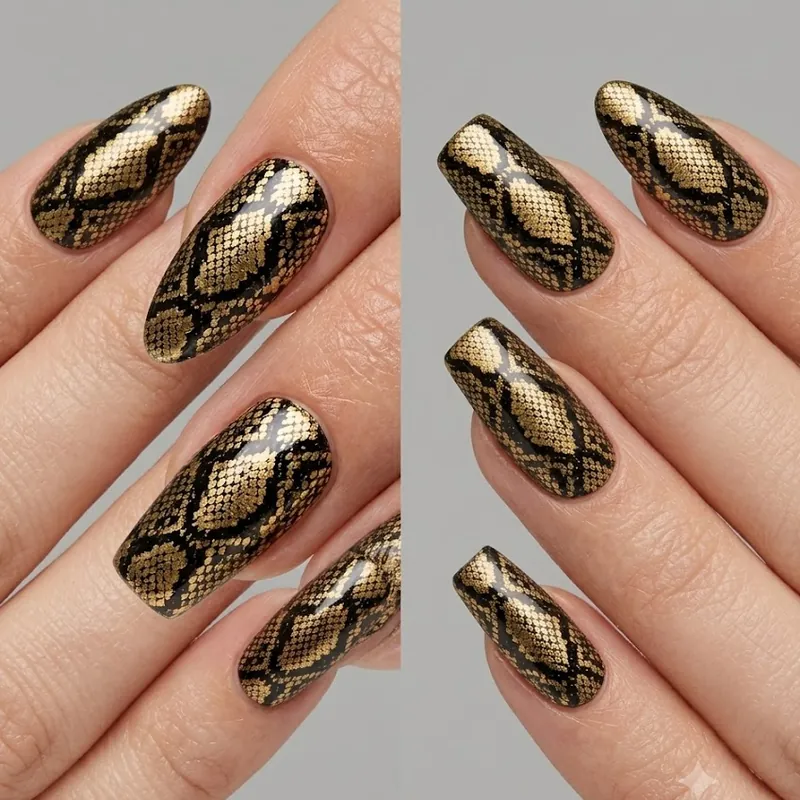 Snake print nails comparison showing almond and coffin nail shapes with elongated scale pattern detailing