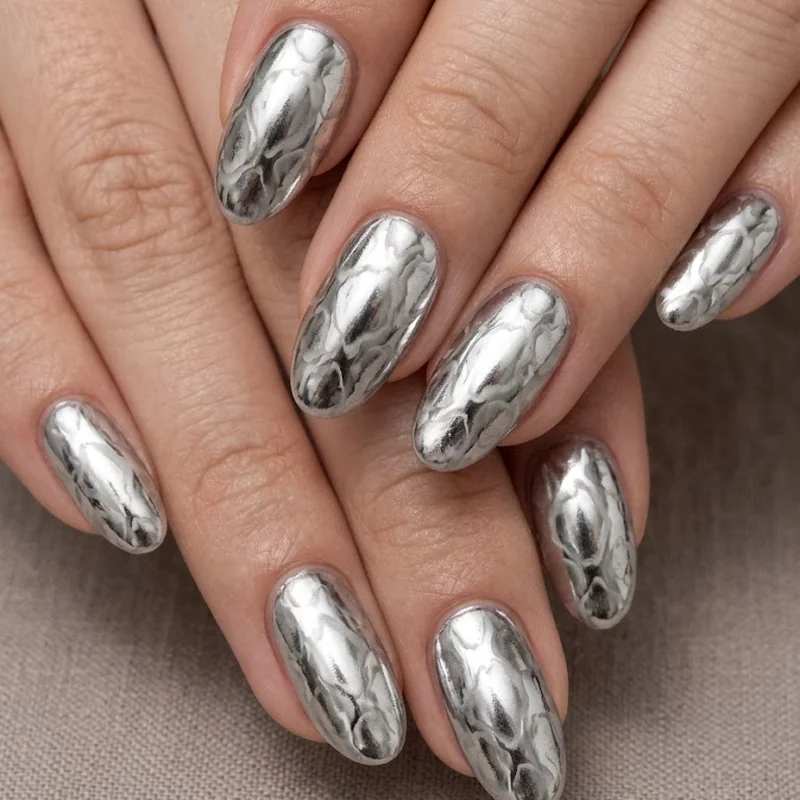 Chrome and metallic snake print nails with silver finish created using blooming gel technique