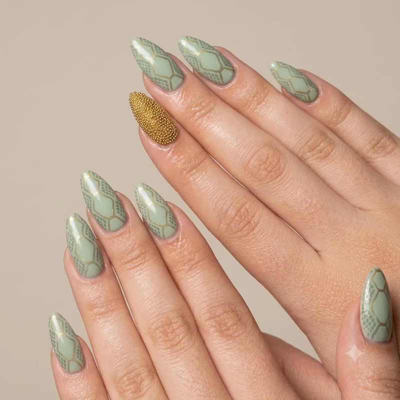 Pastel sage green snake print nails with single accent nail and gold micro bead detailing