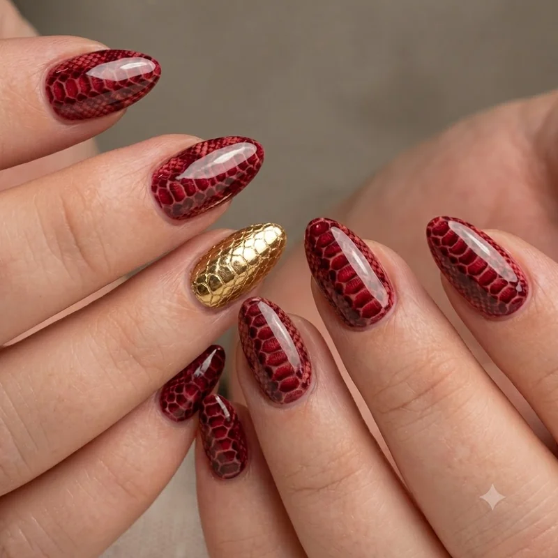 Red and burgundy snake print nails with gold scale detailing on medium length almond manicure