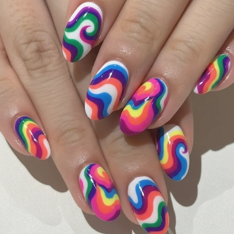 Pucci nail inspo edit showing twelve versions of abstract swirl colourful maximalist nail art trend 2026 including French tip and short nail options