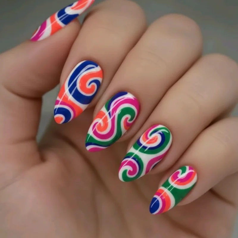Pucci nails colour combinations showing cobalt coral fuchsia tangerine violet emerald palette swatches for maximalist manicure selection