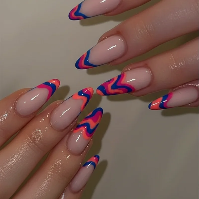 Pucci nails on short nails showing two colour swirl design with white base and accent nail approach scaled for smaller nail canvas