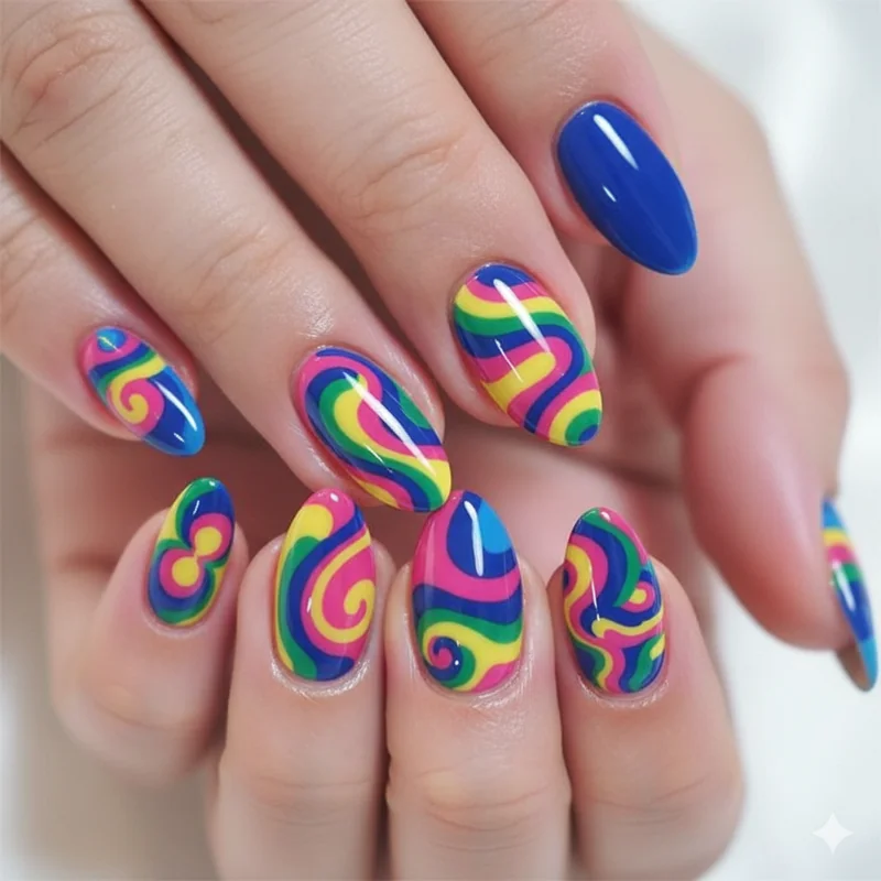 Pucci print nail art showing full coverage abstract swirl design versus accent nail variation with contrasting colour palette comparison