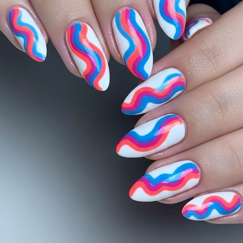 Striping brush freehand swirl technique for pucci nail art showing gel polish application process for DIY home manicure tutorial