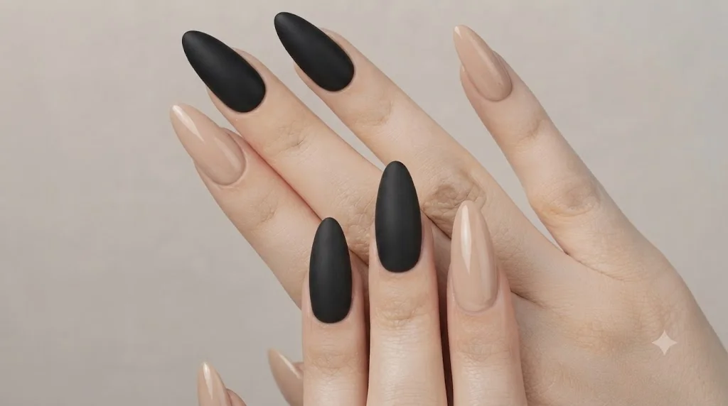 Queer manicure close-up showing two short nails and longer natural nails on hand