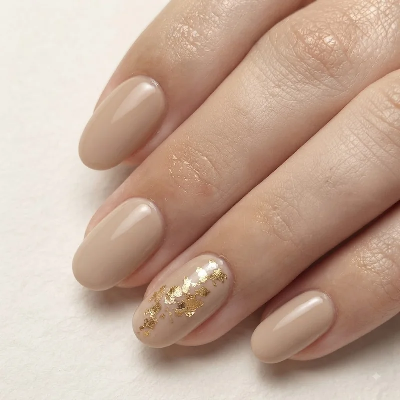 Single accent nail manicure with neutral base coat and one contrast ring finger design