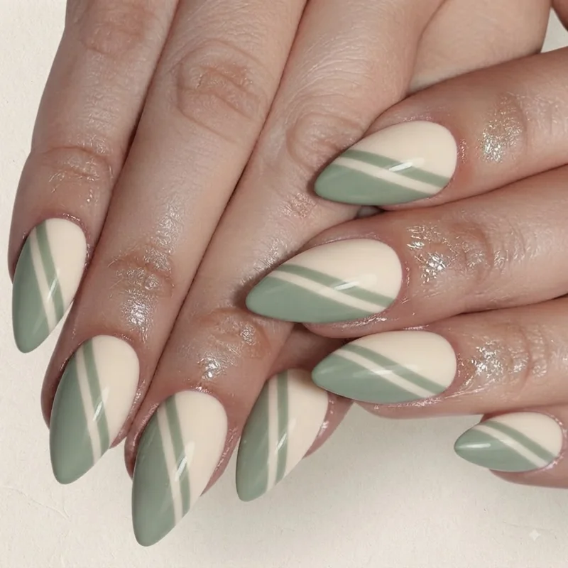Tape guided stripe nail art design with crisp two tone diagonal lines for beginners