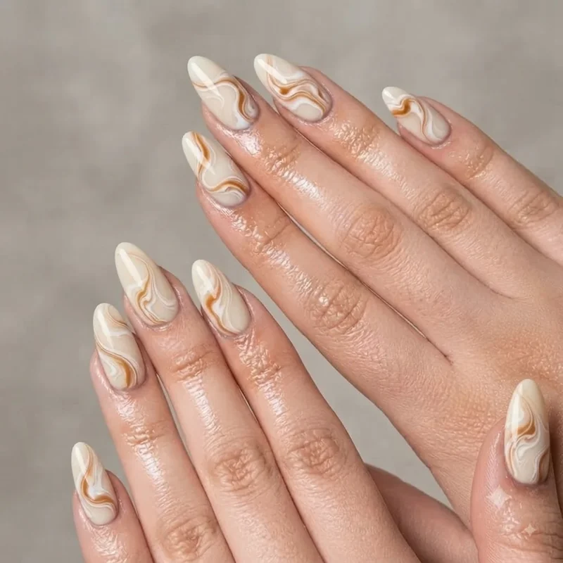 Easy nail art for beginners toothpick swirl marble design on natural length nails