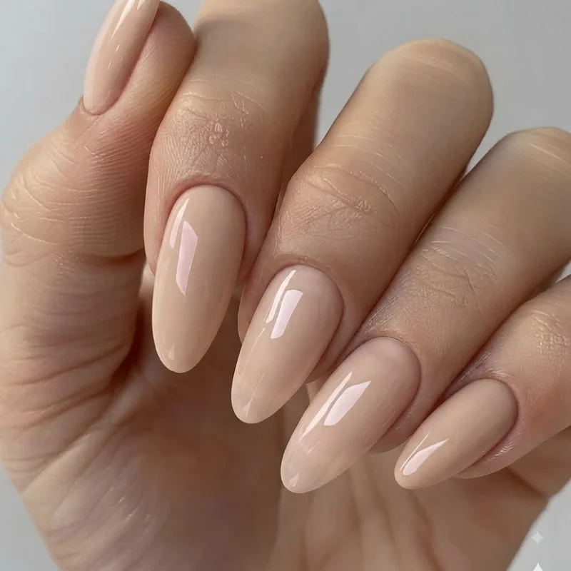 Fresh glossy nude gel manicure close-up showing the chip-resistant finish worth the chair time