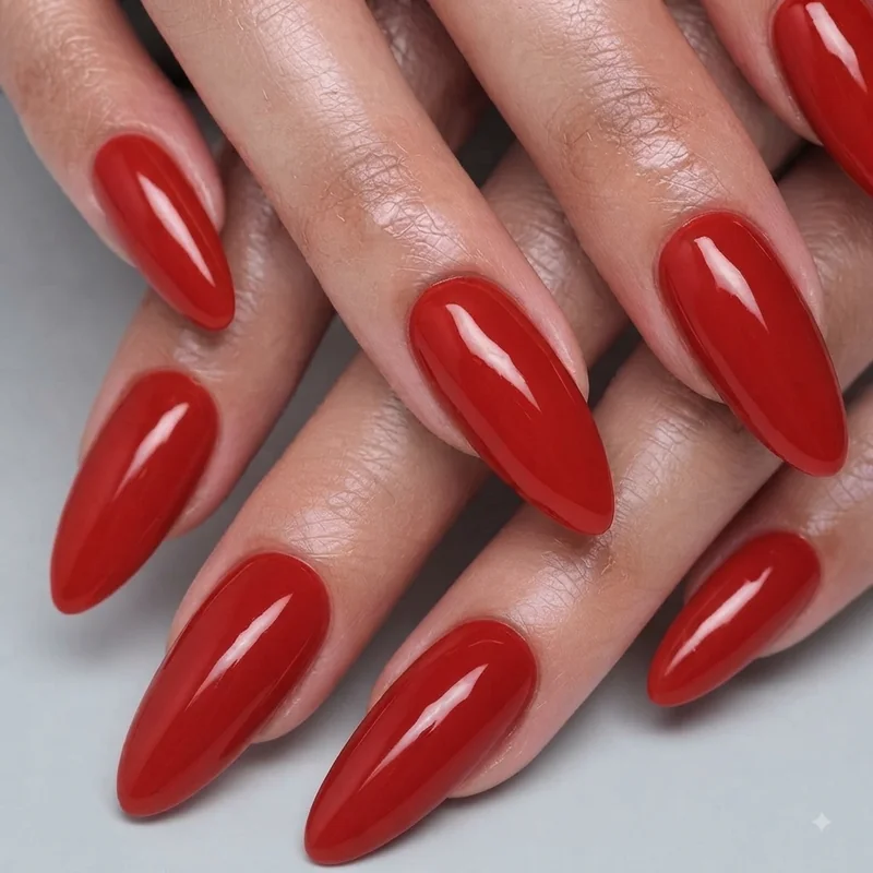 Regular nail polish manicure in classic red finish demonstrating the fastest legitimate application time