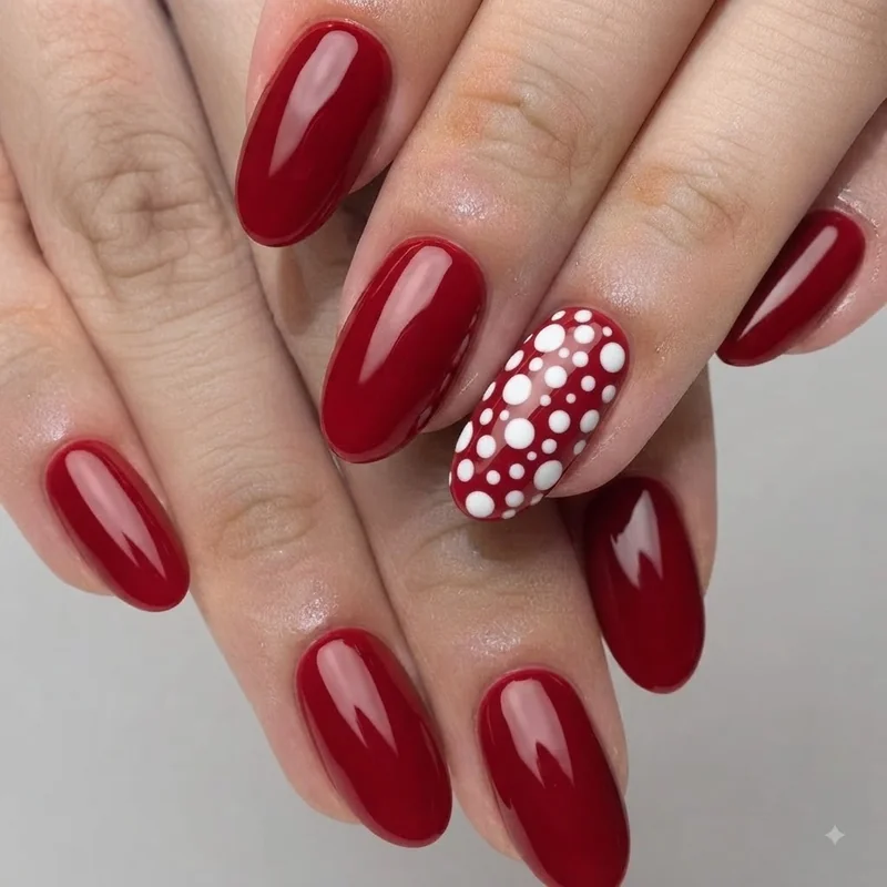 Single red accent nail with white dot cluster among plain red last minute christmas nails set