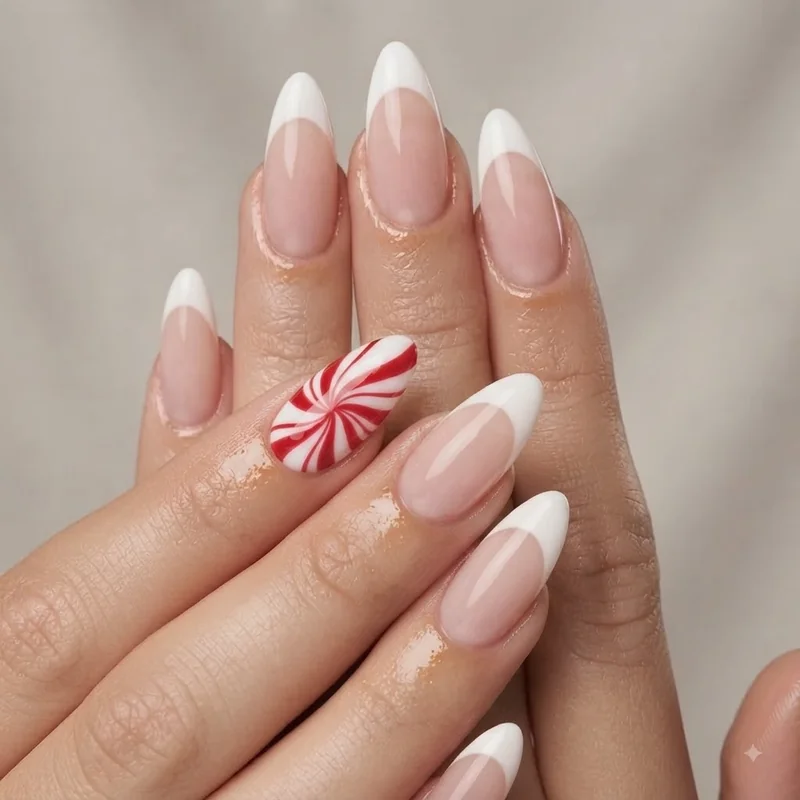 Candy cane stripe design beside classic French tip for easy last minute christmas nails at home