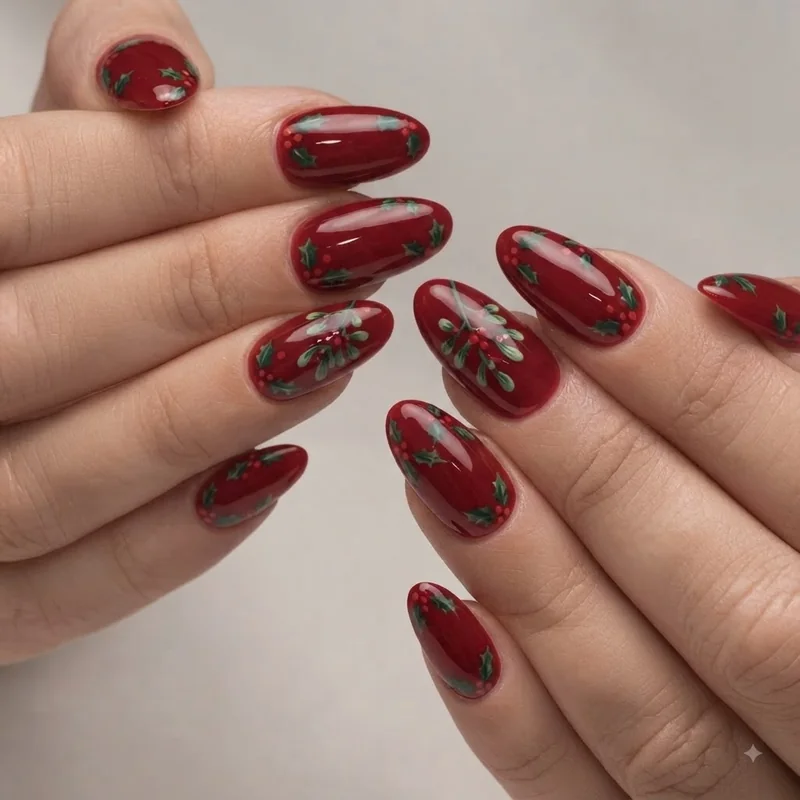 Glossy finished last minute christmas nails set demonstrating smudge free overnight safe top coat application