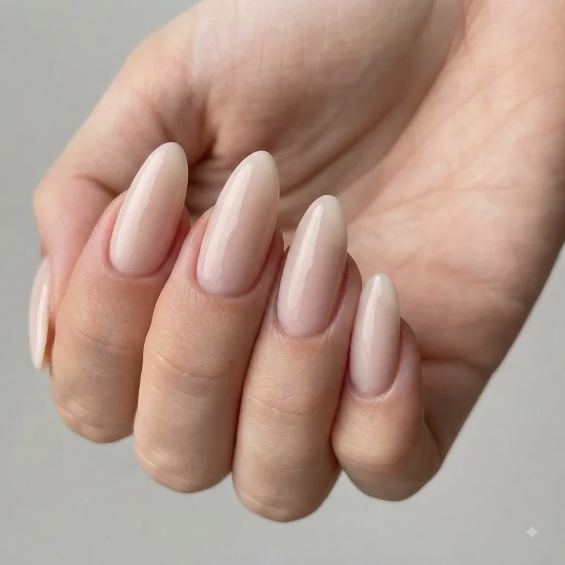 Elegant blush neutral wedding guest manicure with hand posed naturally against soft ivory fabric backdrop